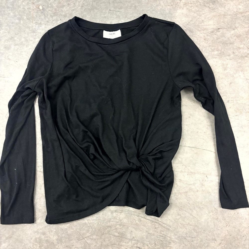 Ivoire Black Front Knot Top Womens Medium Long Sleeve Crew Neck Stretch Blouse